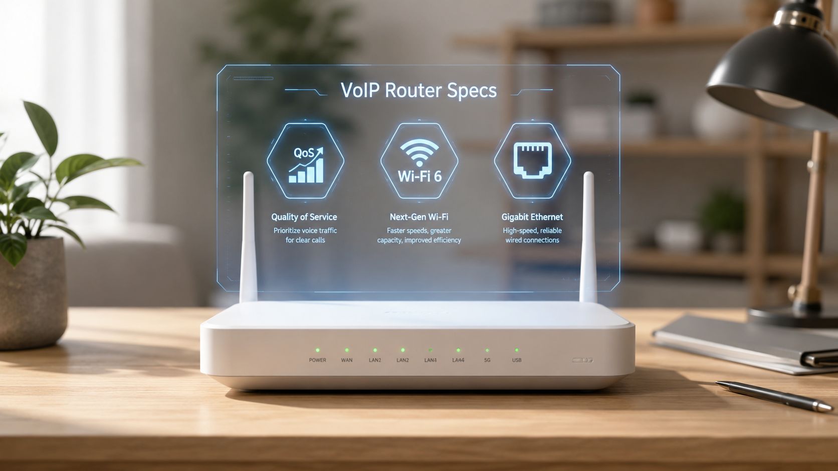 A white VoIP router sitting on a wooden desk with a digital display showing technical specifications overlay.