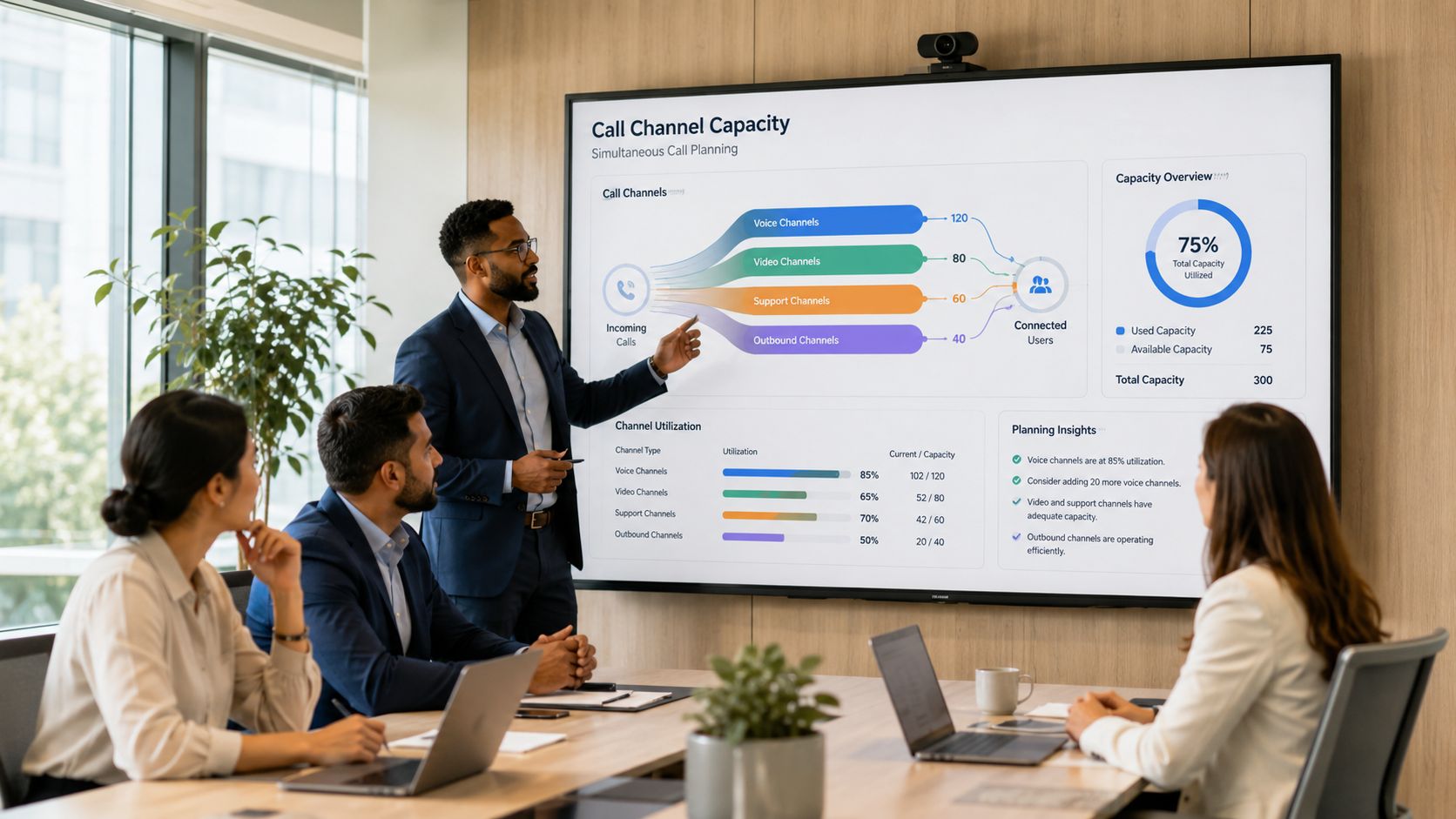 A professional presenter discusses call channel capacity data with colleagues in a modern office boardroom meeting.