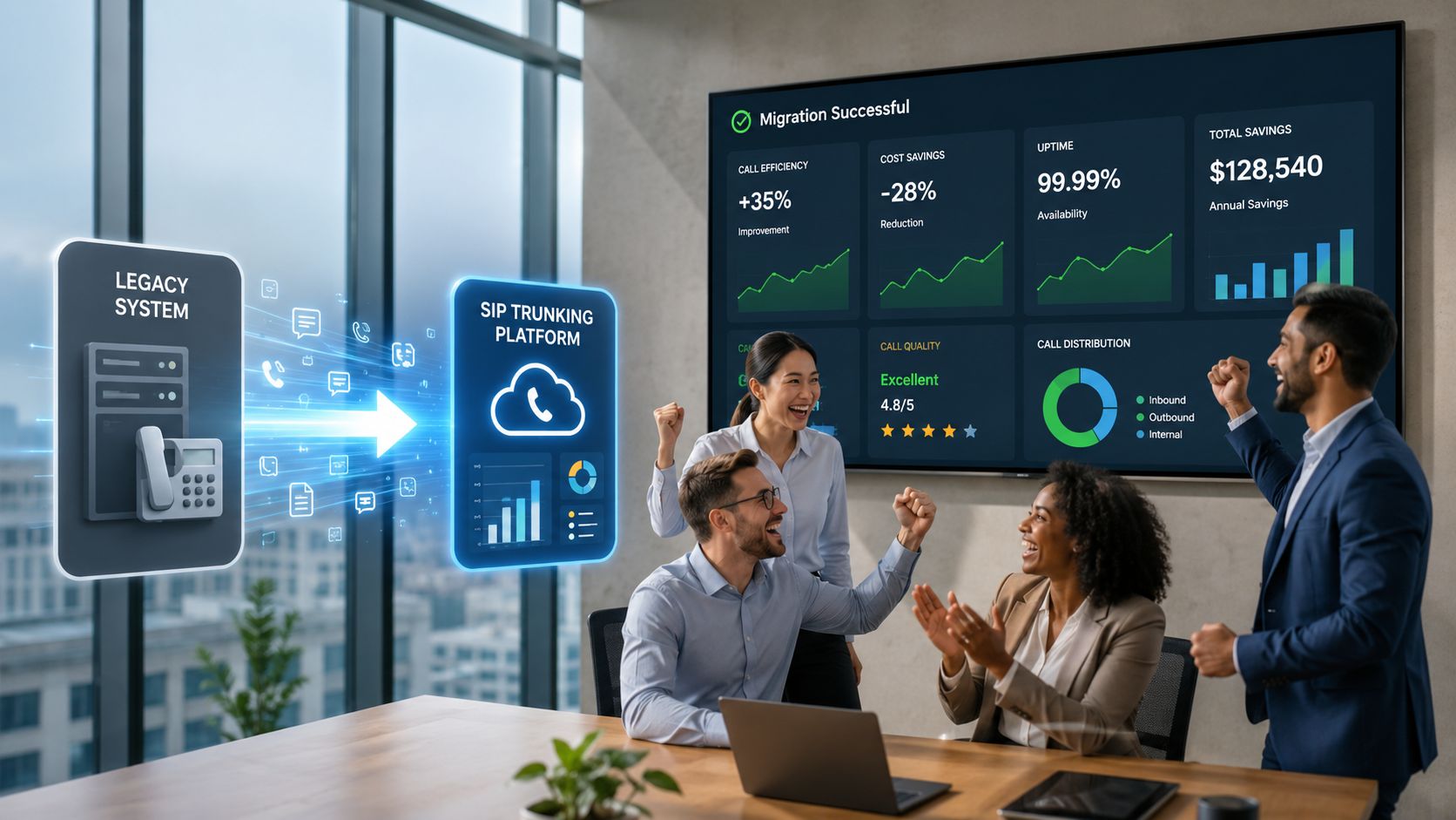 A team of professionals celebrating a successful digital transformation to a cloud-based SIP trunking platform in an office.