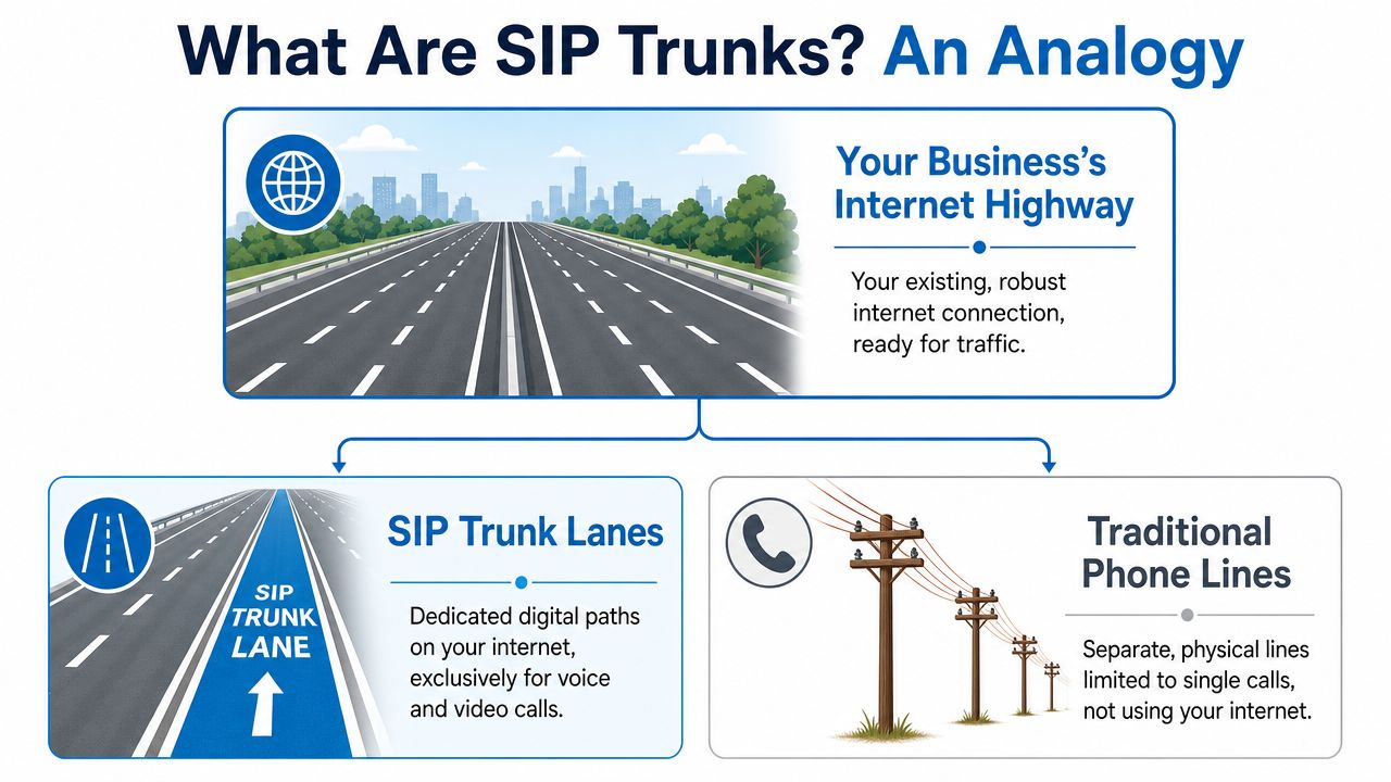 An infographic analogy explaining SIP trunks as dedicated digital lanes on a business internet highway.