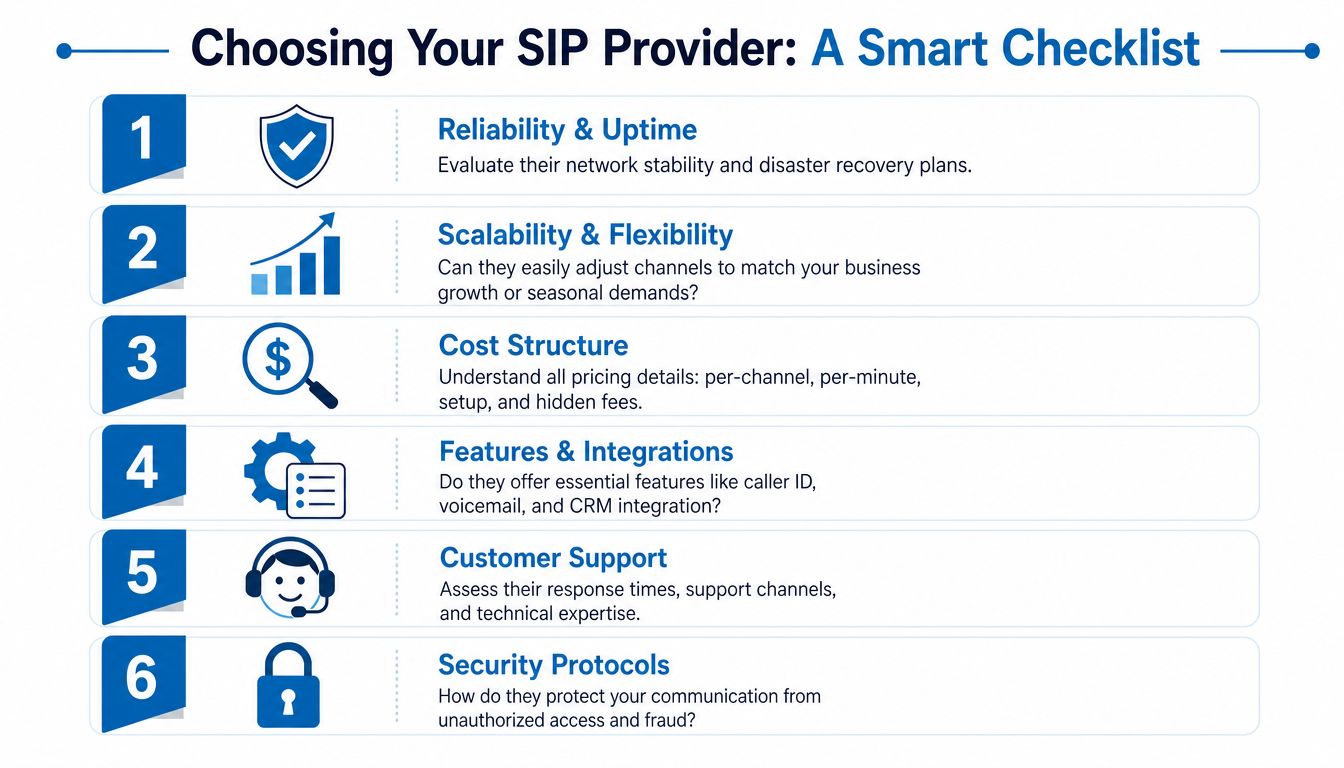 A six-step checklist for choosing the right business SIP provider, covering reliability, scalability, cost, features, support, and security.