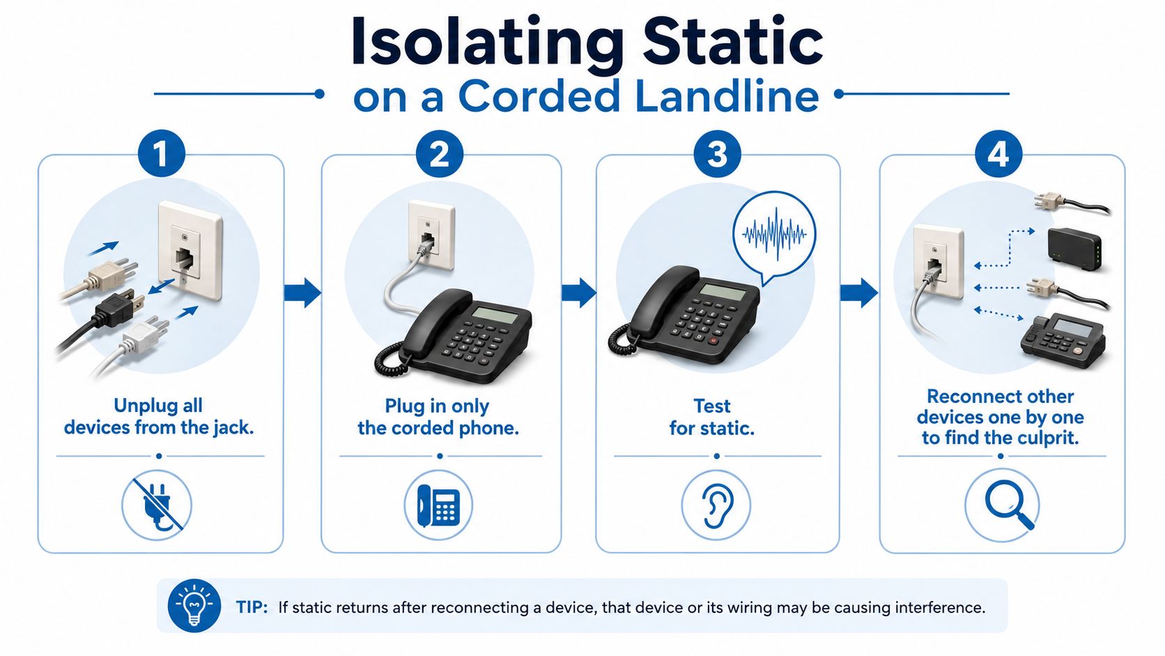 A four-step infographic showing how to troubleshoot and isolate static noise on a corded telephone landline.