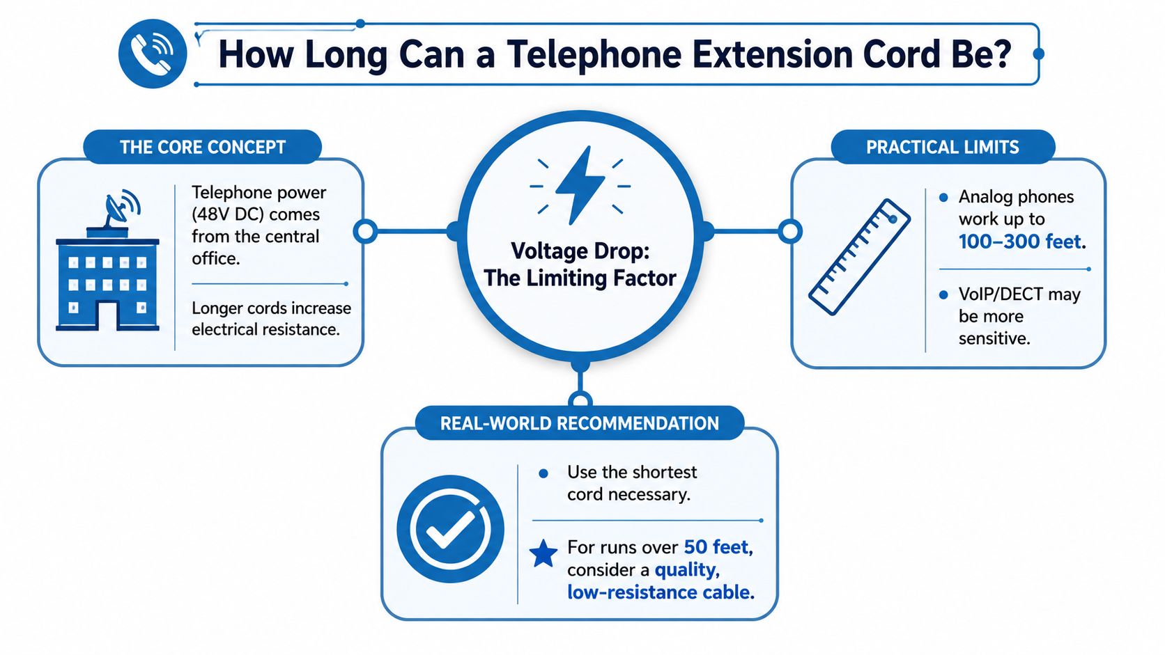 An infographic explaining how telephone extension cord length affects voltage drop and device performance.