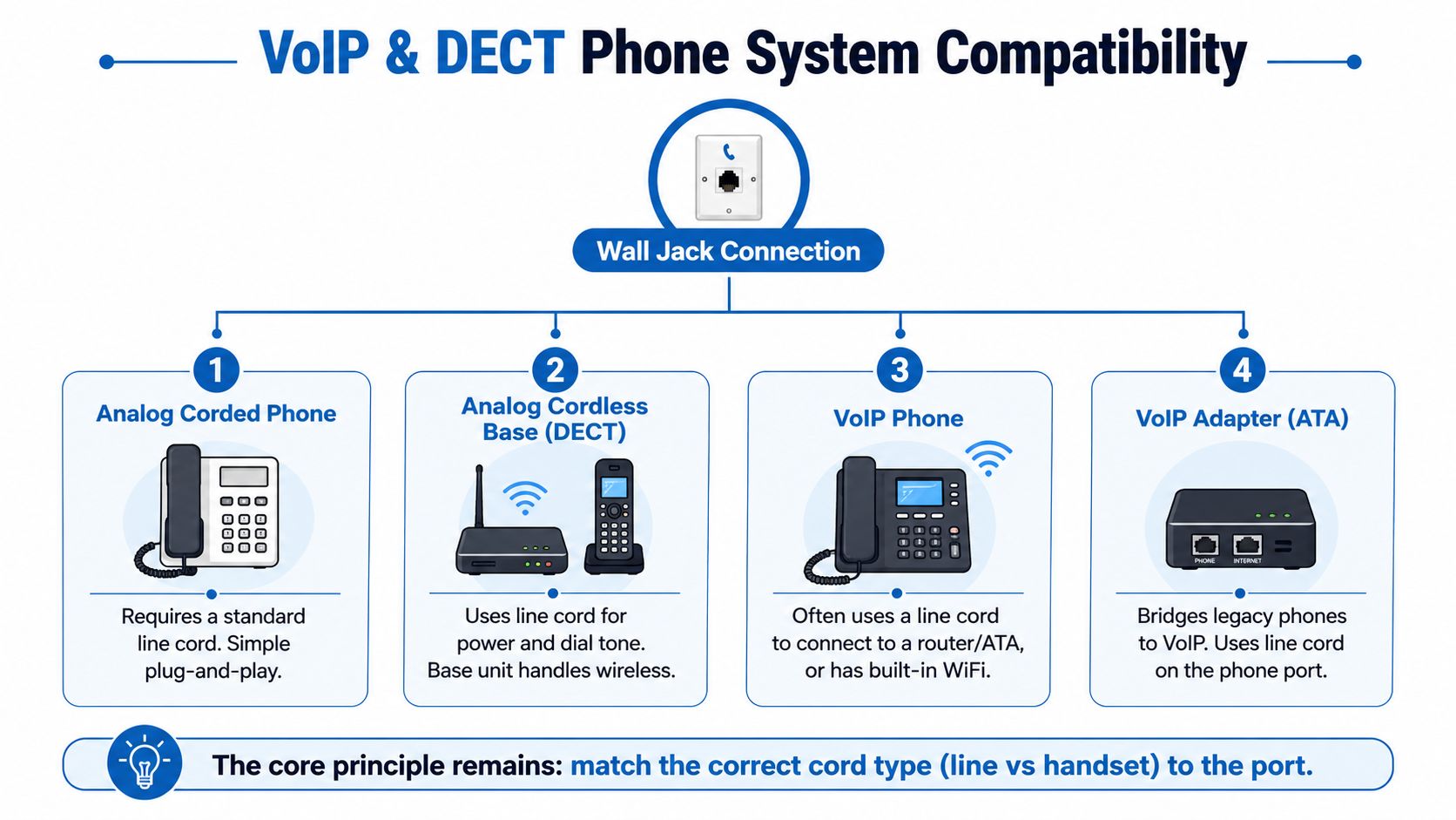 A diagram illustrating the compatibility of various phone systems including analog and VoIP devices with wall jacks.