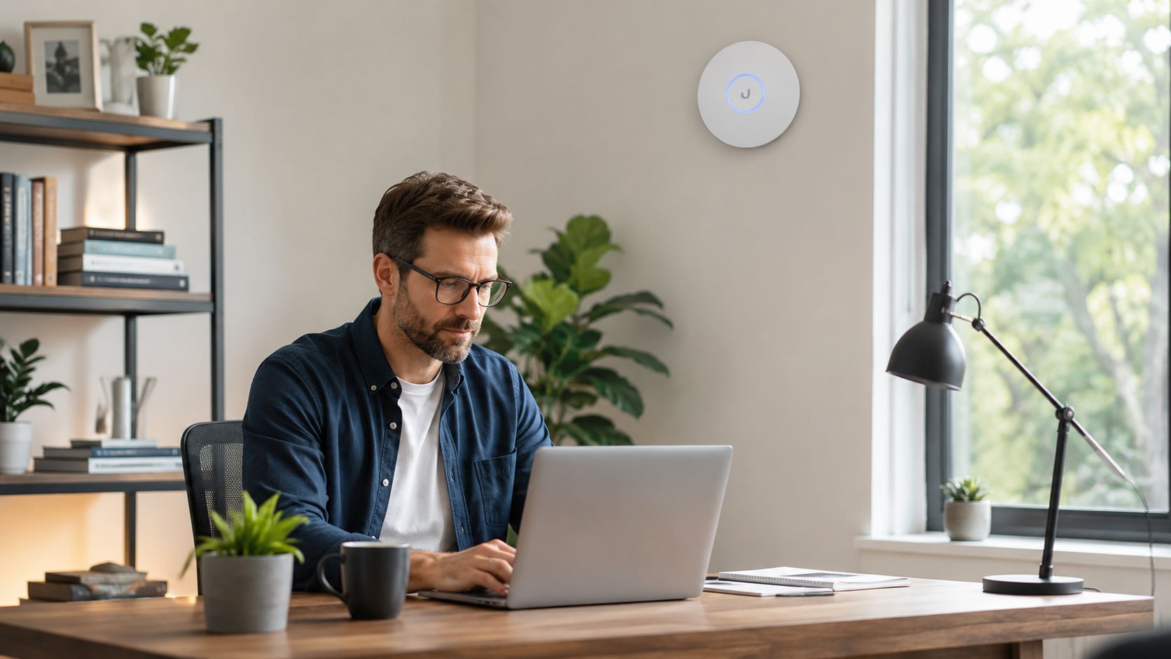 A professional man working on his laptop in a modern home office with a wireless access point.