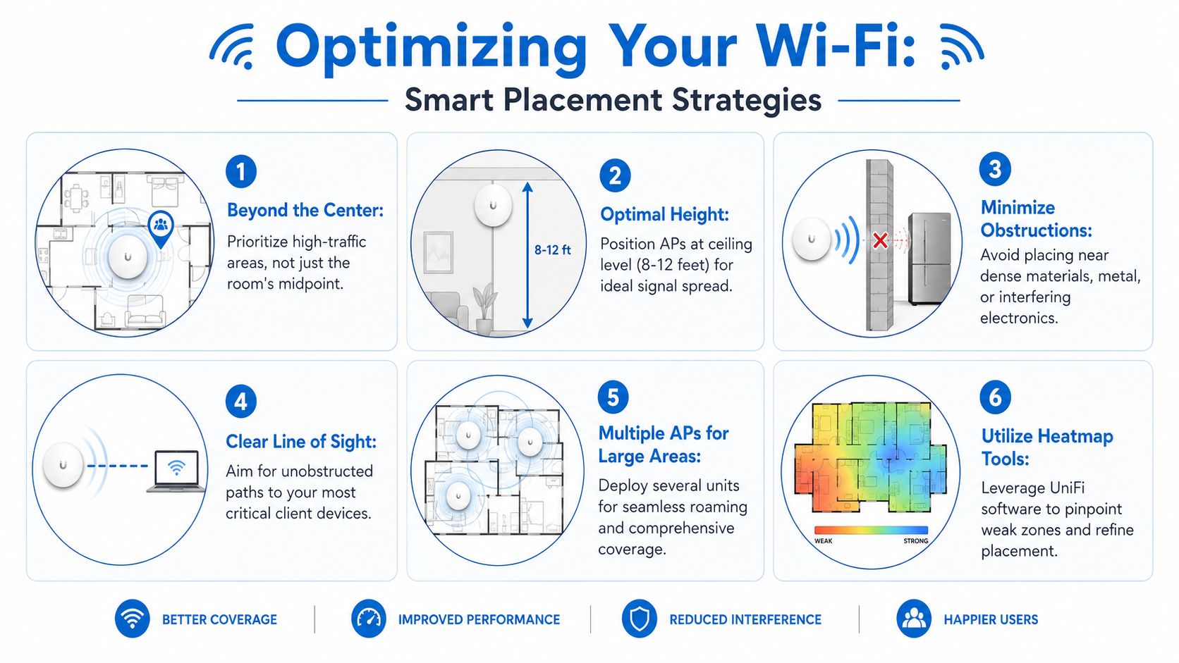 An infographic detailing smart placement strategies to optimize Ubiquiti UniFi wireless access point coverage and Wi-Fi performance.