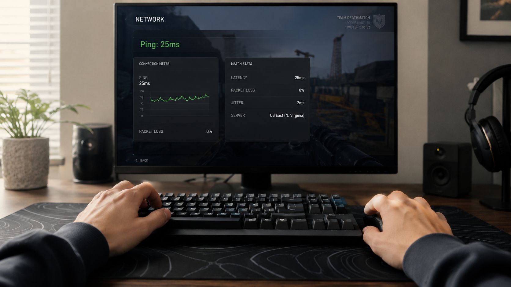A person using a computer keyboard and mouse while viewing network statistics on a gaming screen.