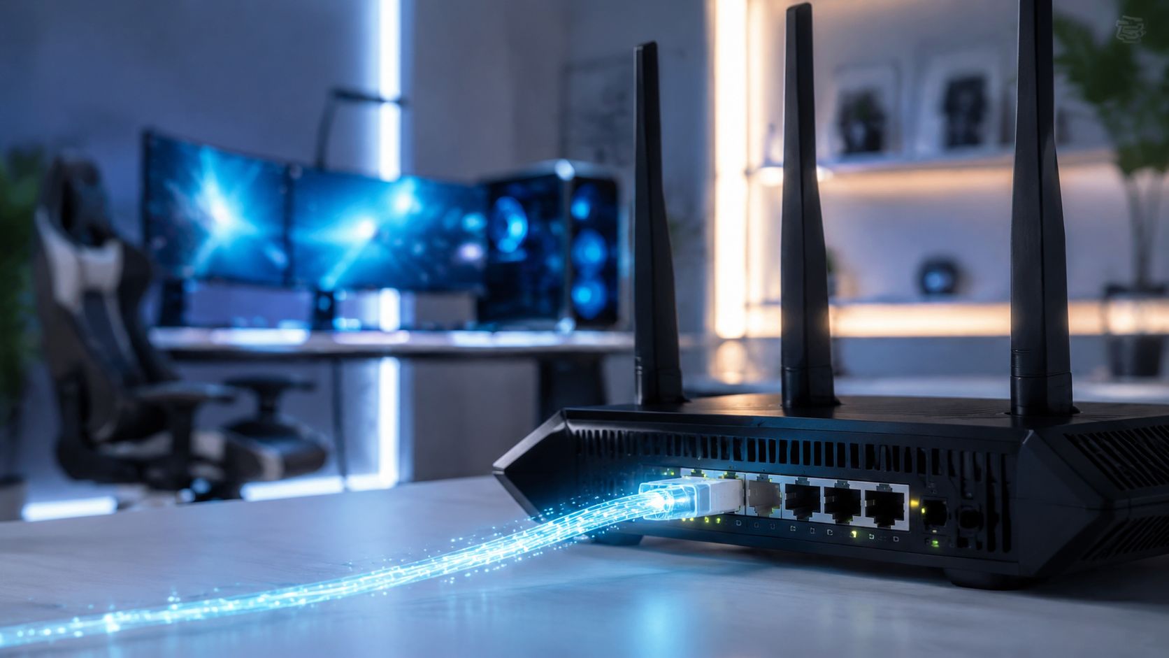 A Wi-Fi router on a desk with a glowing fiber optic connection streaming into the ethernet port.