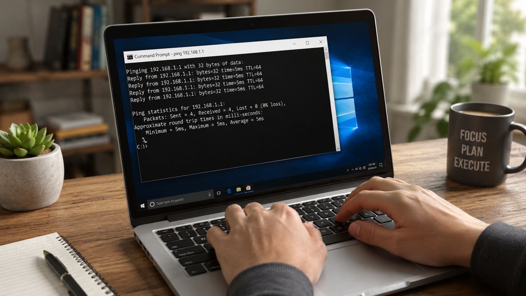 A person typing on a laptop screen showing a command prompt window displaying network ping results.
