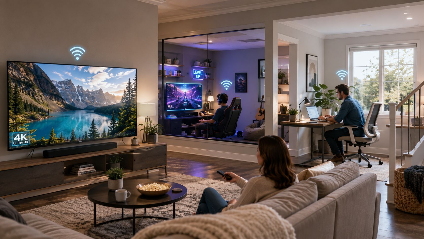 A modern home interior showing a family engaged in various digital activities connected by home network technology.