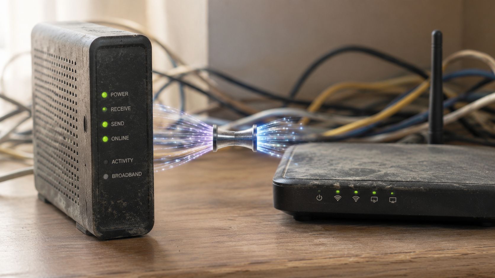 A modem and wireless router connected by a digital beam on a wooden table with messy cables.