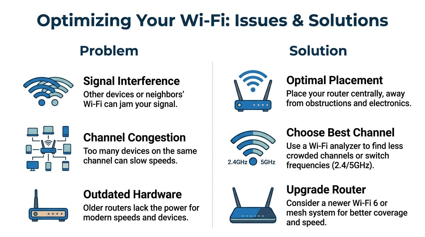 An infographic showing common Wi-Fi problems like interference and congestion, paired with helpful solutions to optimize internet speed.