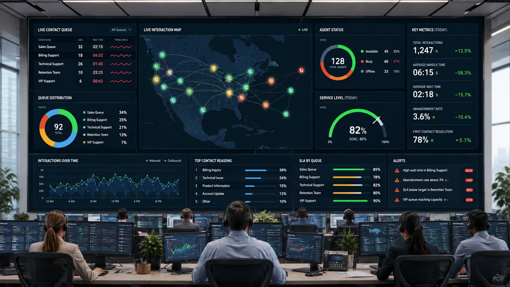 A modern call center with professionals watching a large dashboard screen displaying real-time operational metrics and data.
