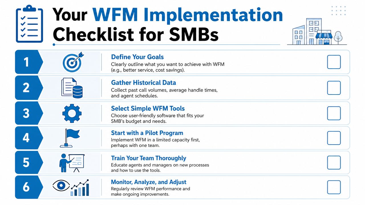 A six-step checklist guide for small businesses implementing workforce management software solutions for call centers.
