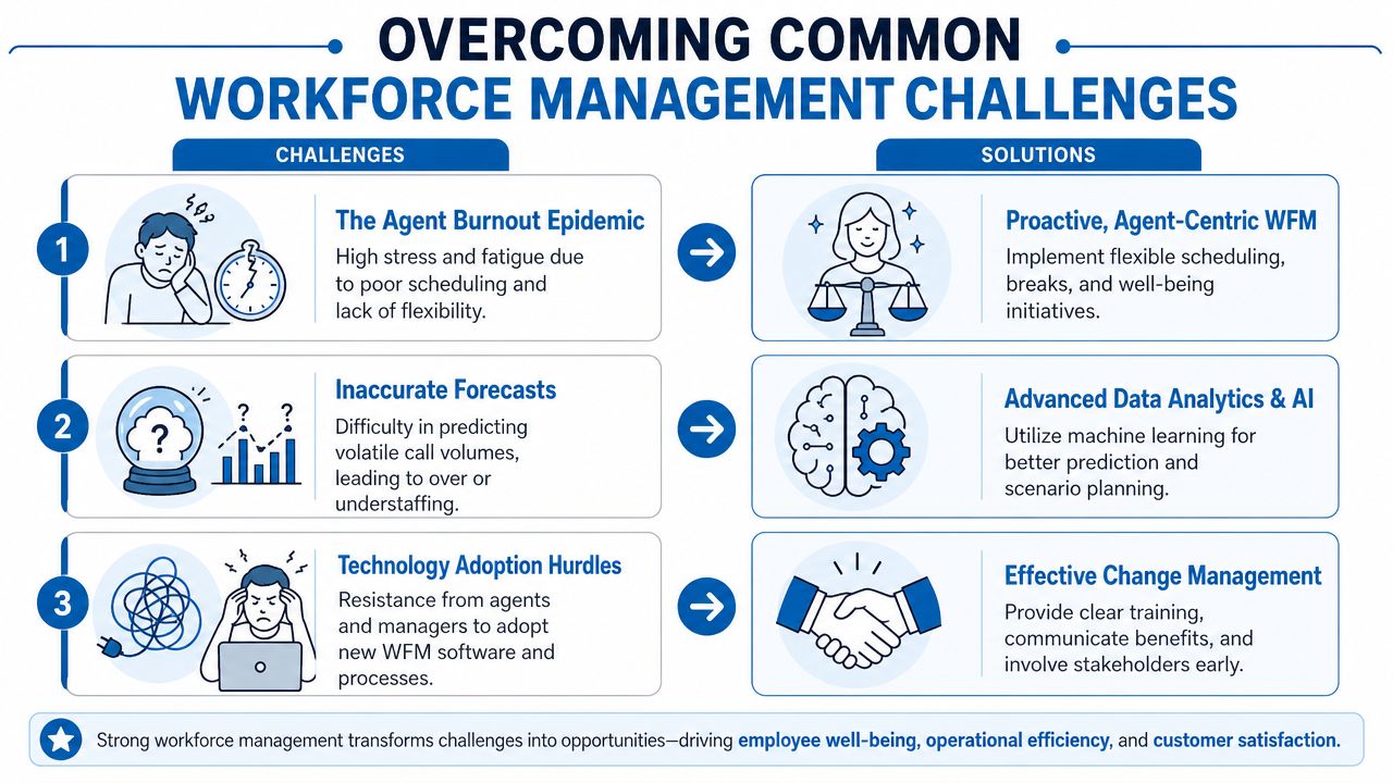 An infographic illustrating common workforce management challenges in a call center and their corresponding effective solutions.