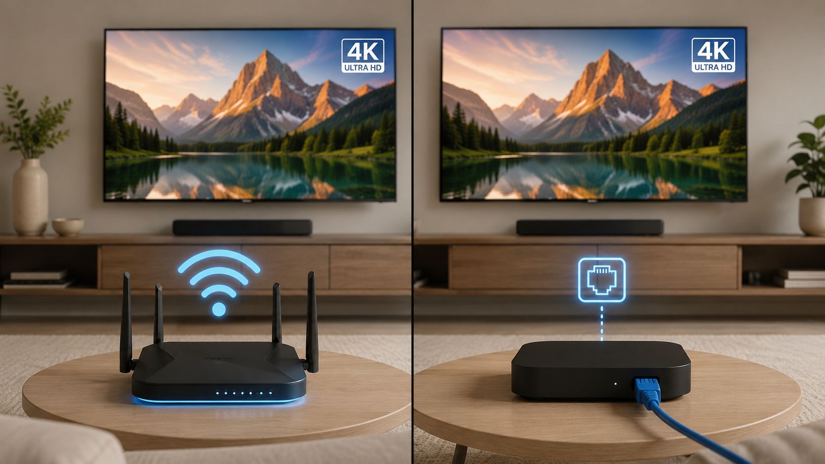 Comparison of wireless router and wired ethernet connection options for high-quality 4K video streaming on televisions.