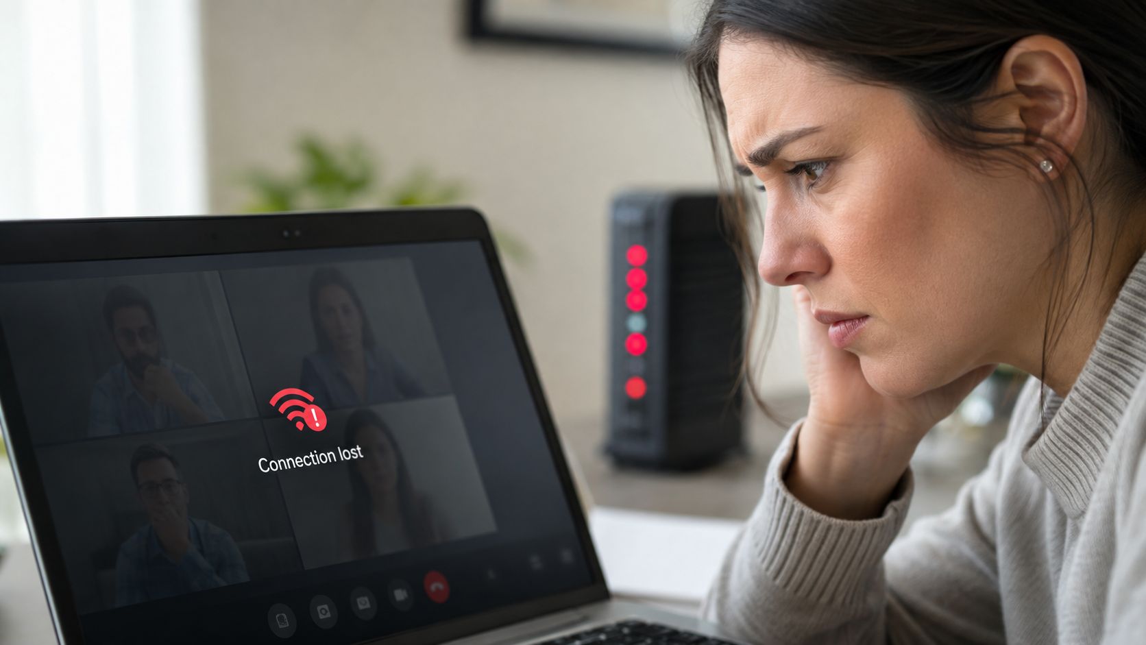 A woman looks stressed and frustrated while her laptop displays a connection lost error message.