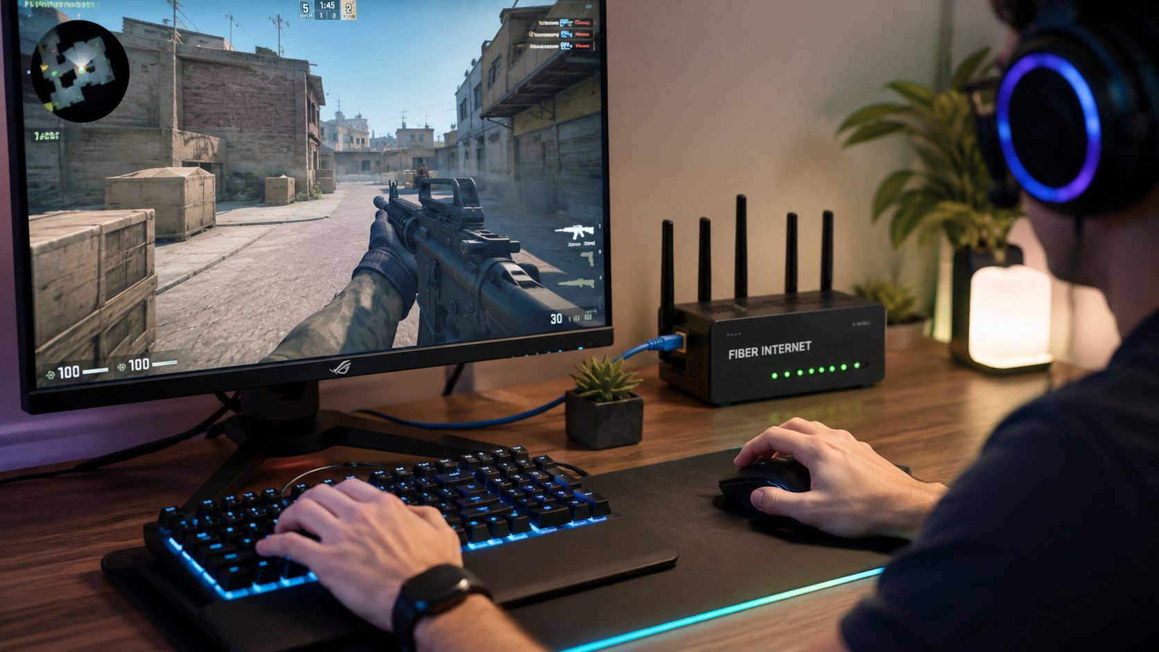 A gamer plays a competitive video game on a computer monitor while connected to a fiber internet router.