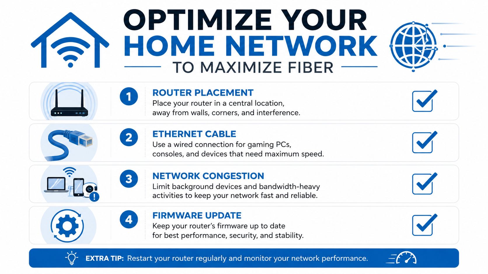 An infographic titled Optimize Your Home Network featuring four tips for improving fiber internet speed and connectivity.