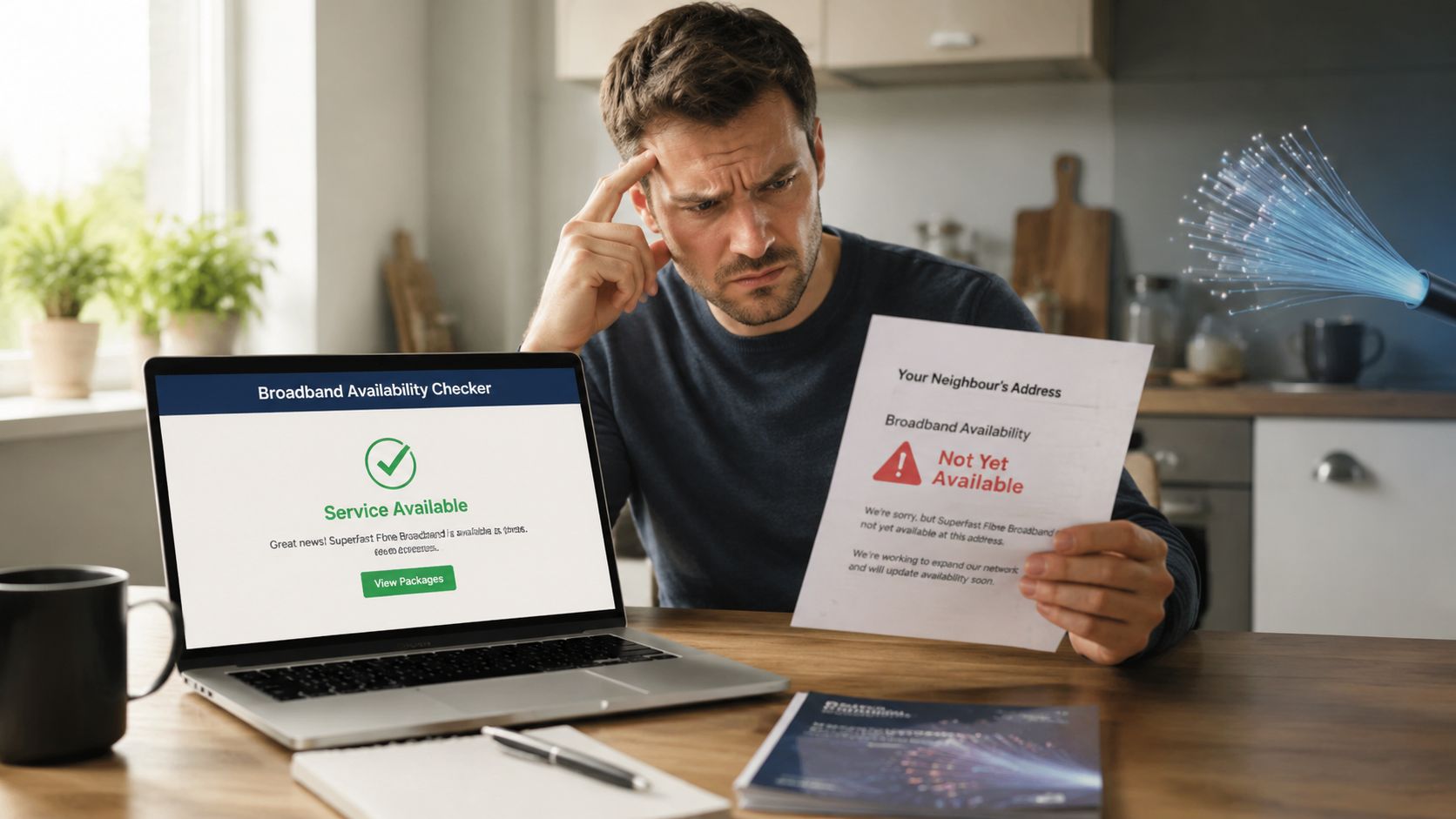 A confused man compares broadband availability results between his laptop screen and a printed document at home.