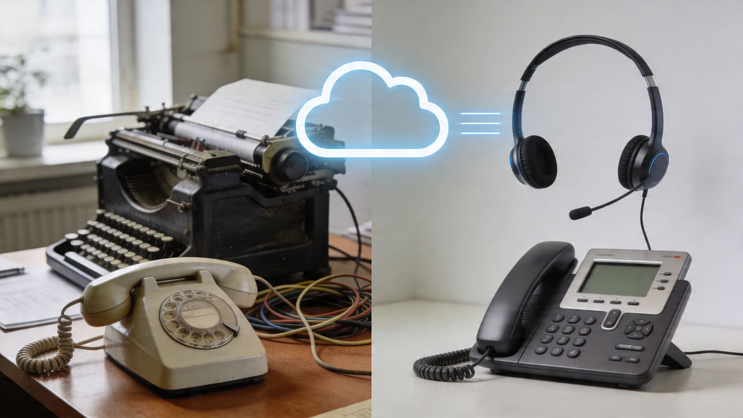 A split image contrasting an old-fashioned typewriter and rotary phone with modern VOIP office equipment.
