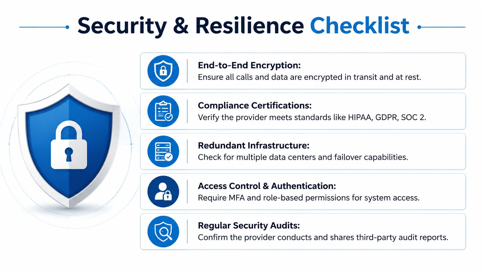 A checklist infographic titled Security and Resilience outlining five key business security standards and best practices.