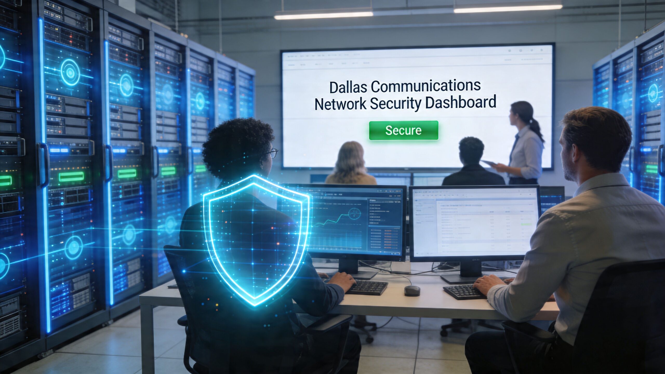 IT security team working in a server room monitoring data traffic on a network security dashboard.