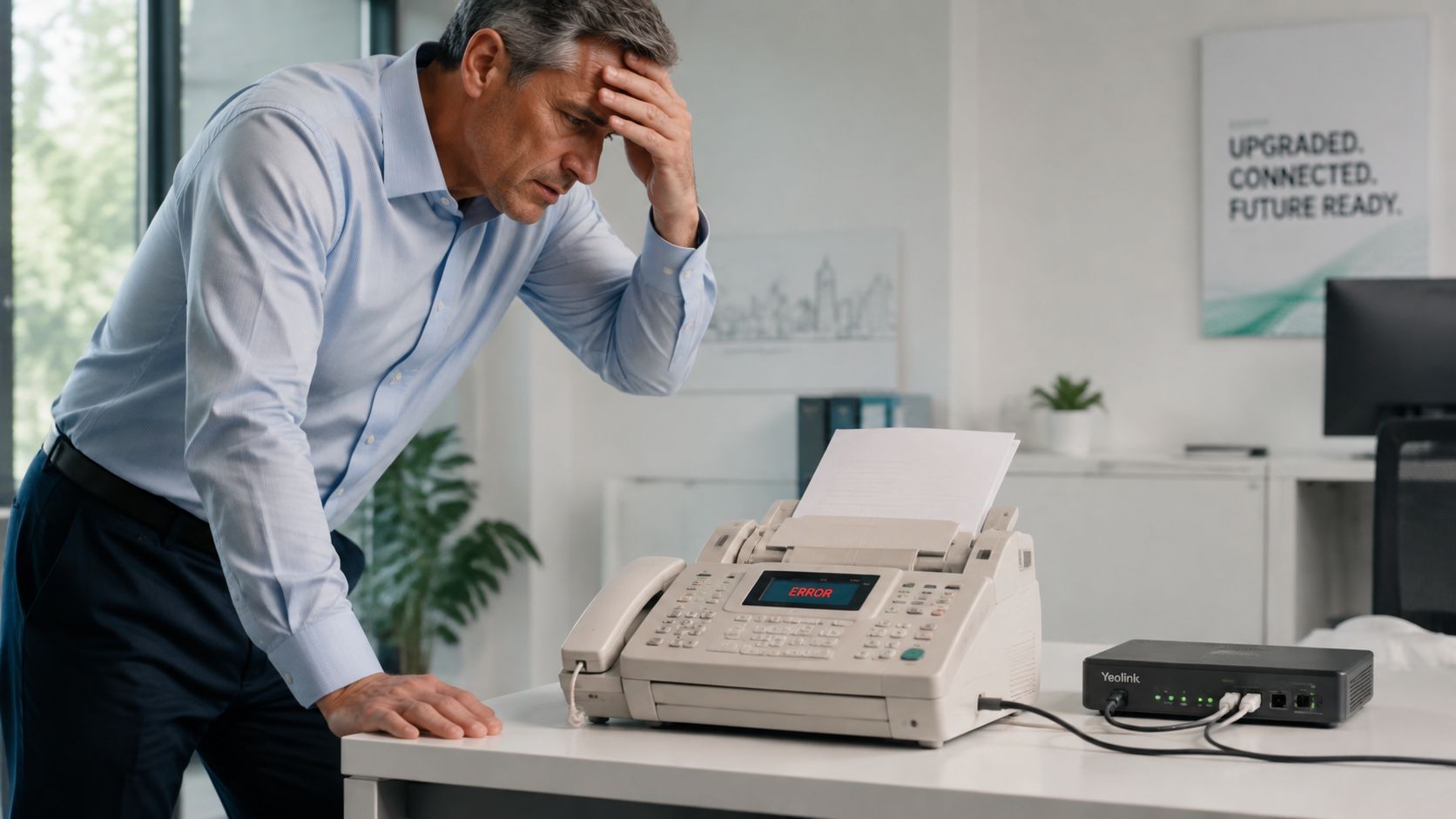 A frustrated businessman holding his forehead while looking at a fax machine displaying an error message.