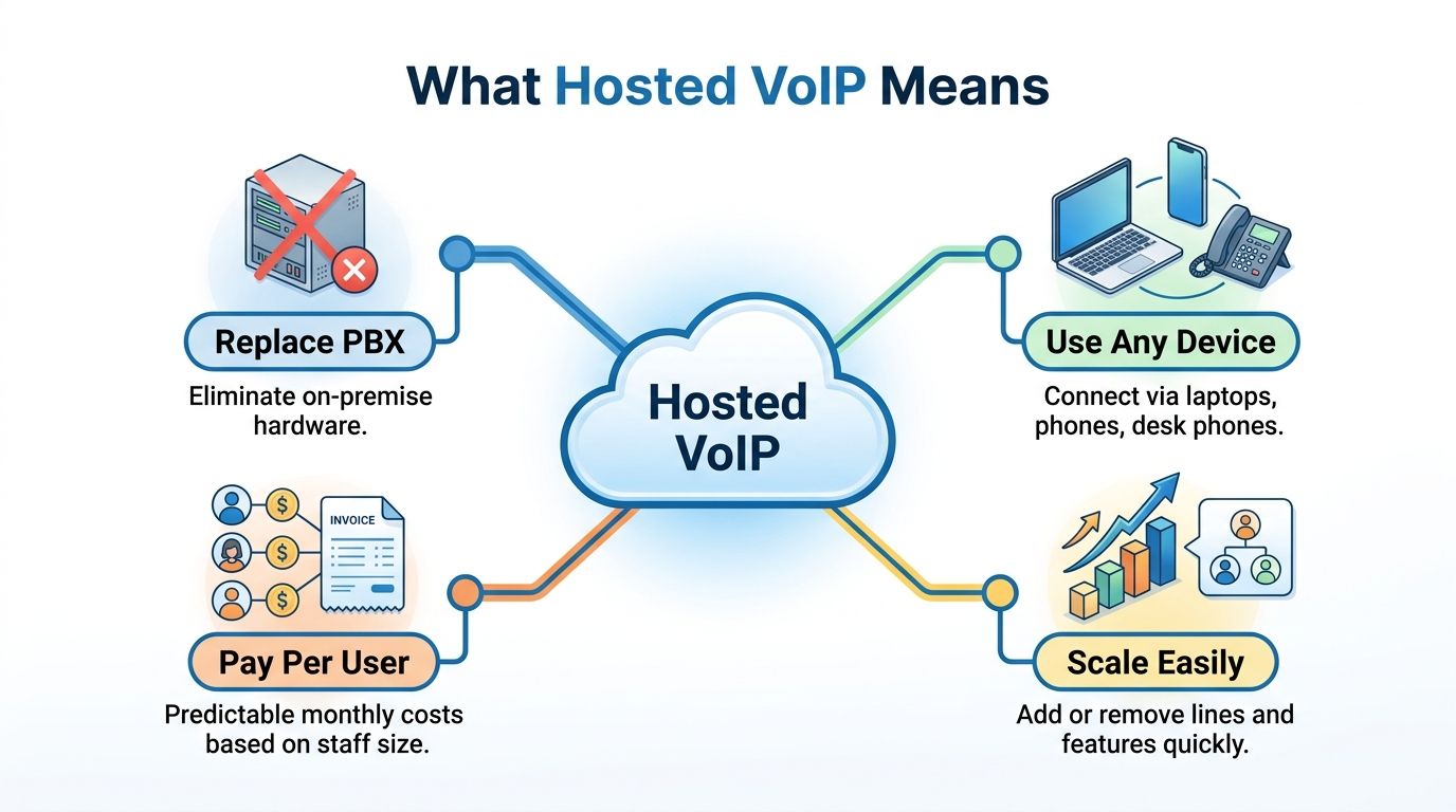 A diagram explaining the benefits of hosted VoIP services for businesses, including cost savings and flexibility.