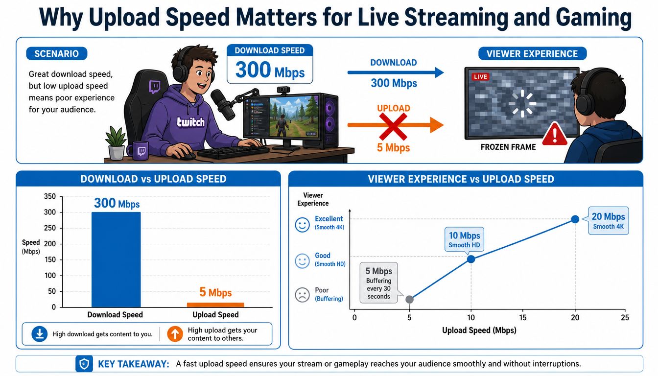 An infographic showing the importance of high upload speed for smooth live streaming and gaming experiences.