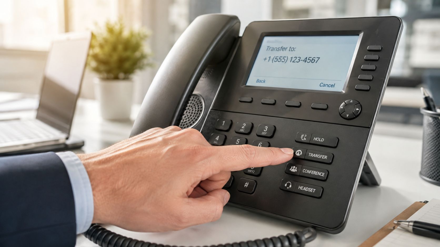 A professional in a suit pressing the transfer button on a modern office desk phone.