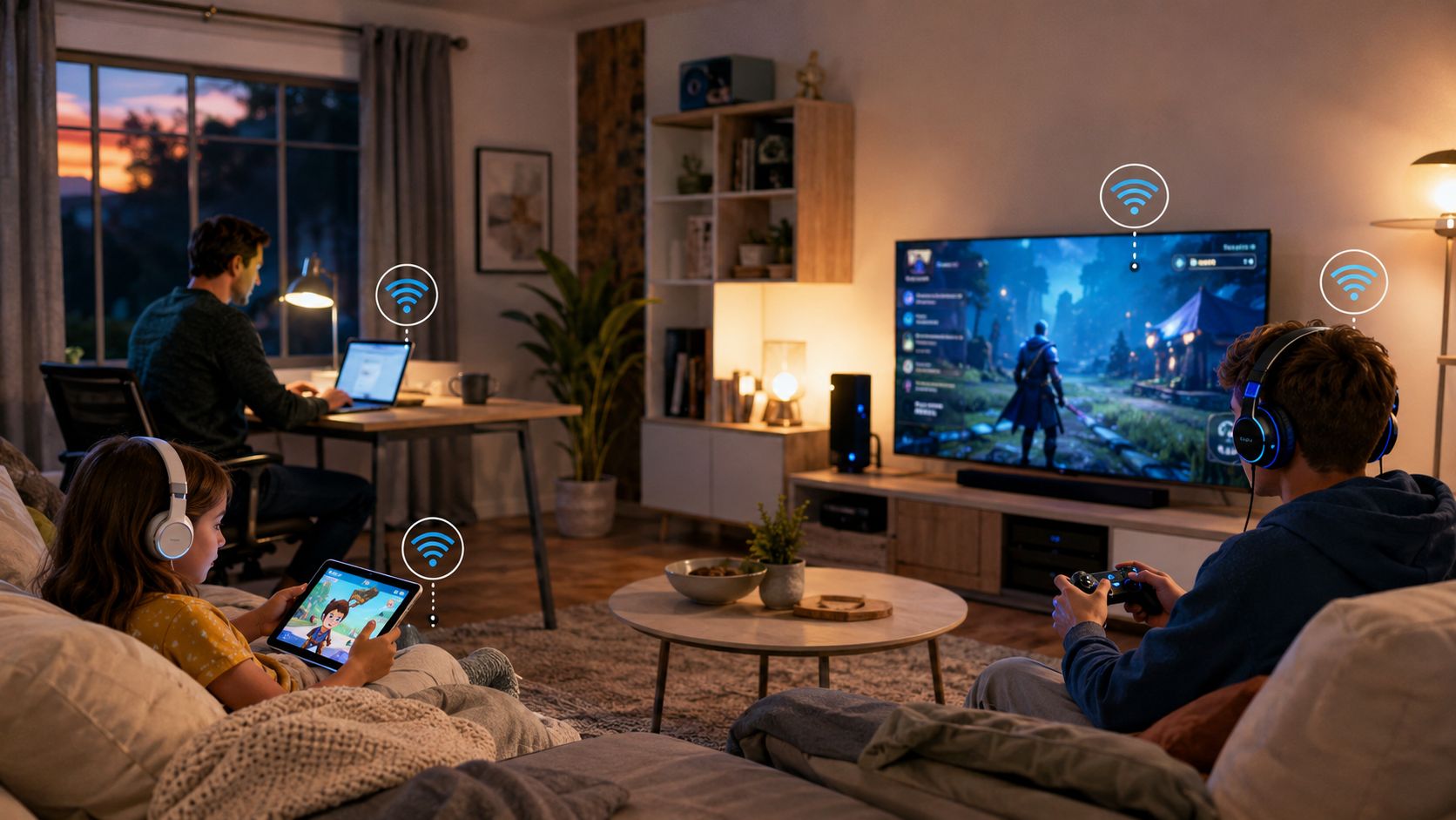 A family at home using high-speed fiber internet for working, gaming, and watching content simultaneously.