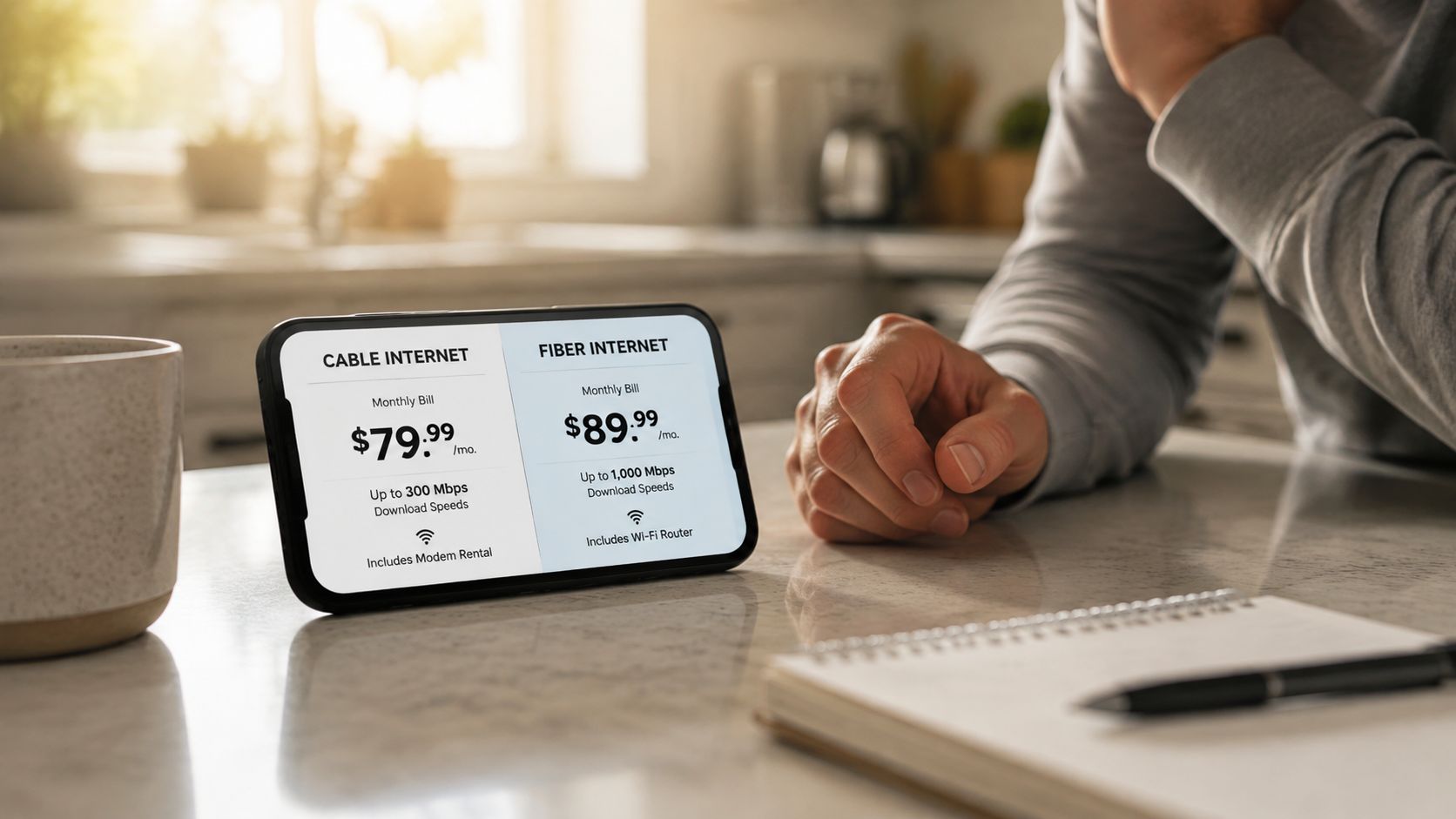A person comparing cable and fiber internet monthly plans on a smartphone screen in a bright kitchen.