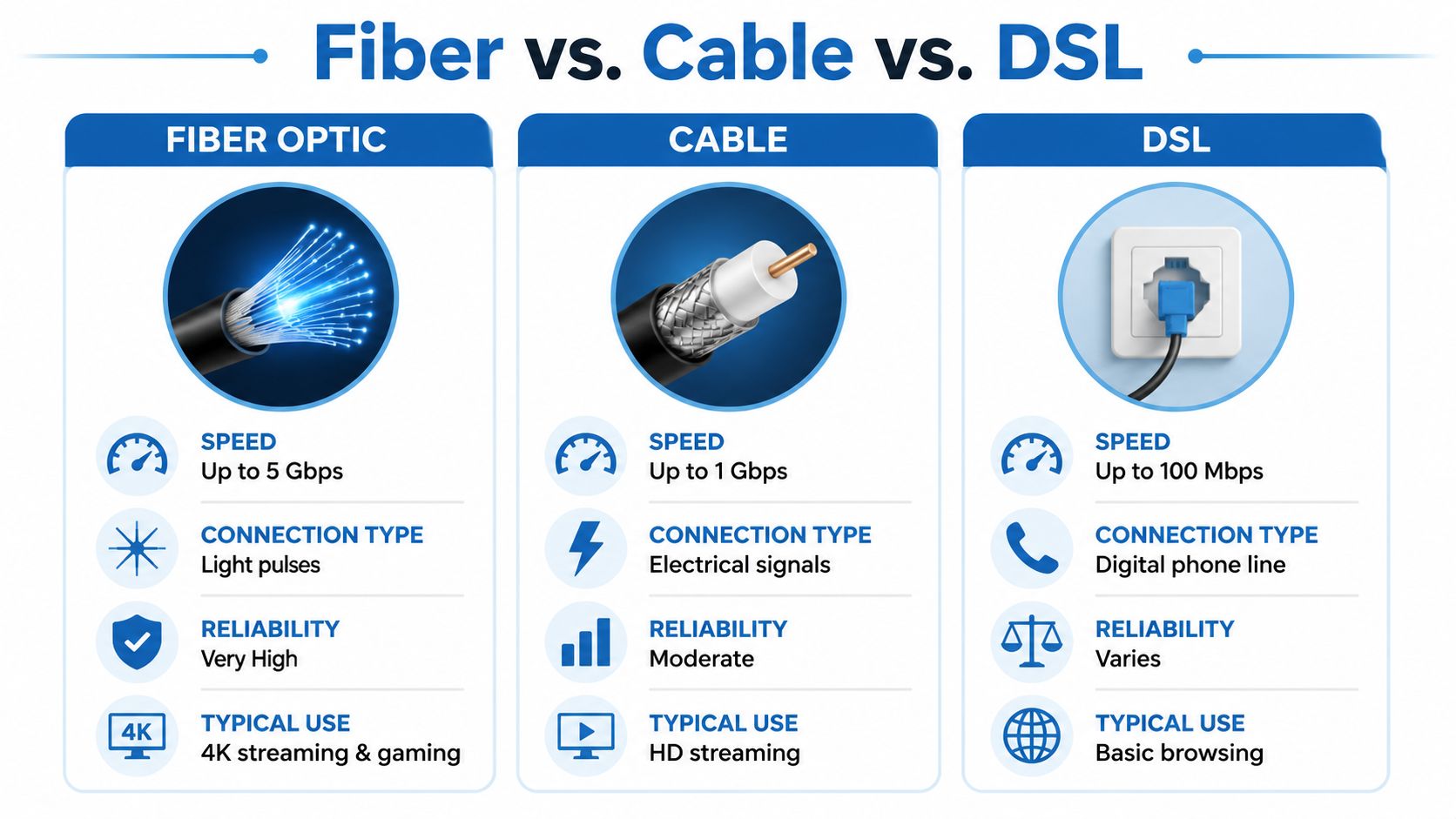A comparison chart showing the differences between fiber optic, cable, and DSL internet services including speed and reliability.
