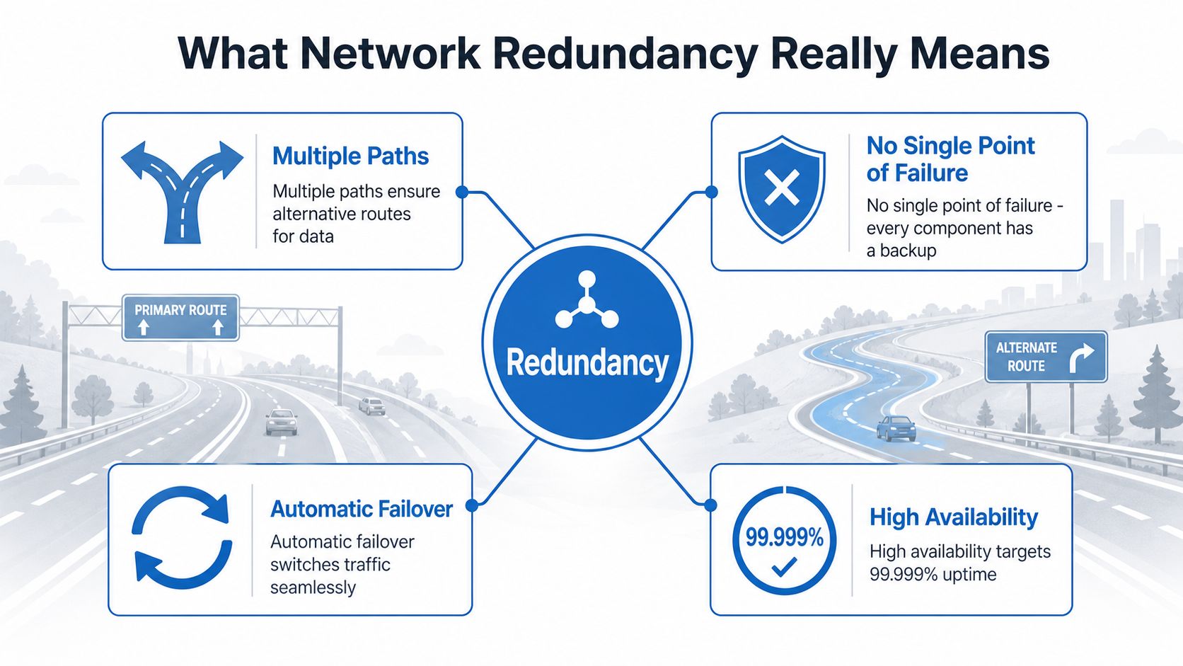 An infographic titled What Network Redundancy Really Means, displaying key components like multiple paths, no single point of failure, automatic failover, and high availability.