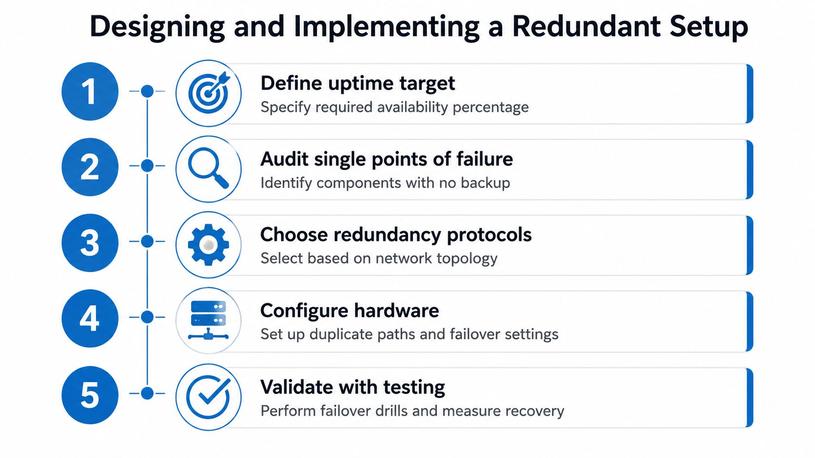 A flowchart showing five steps for designing and implementing a network redundancy setup with icons and descriptions.
