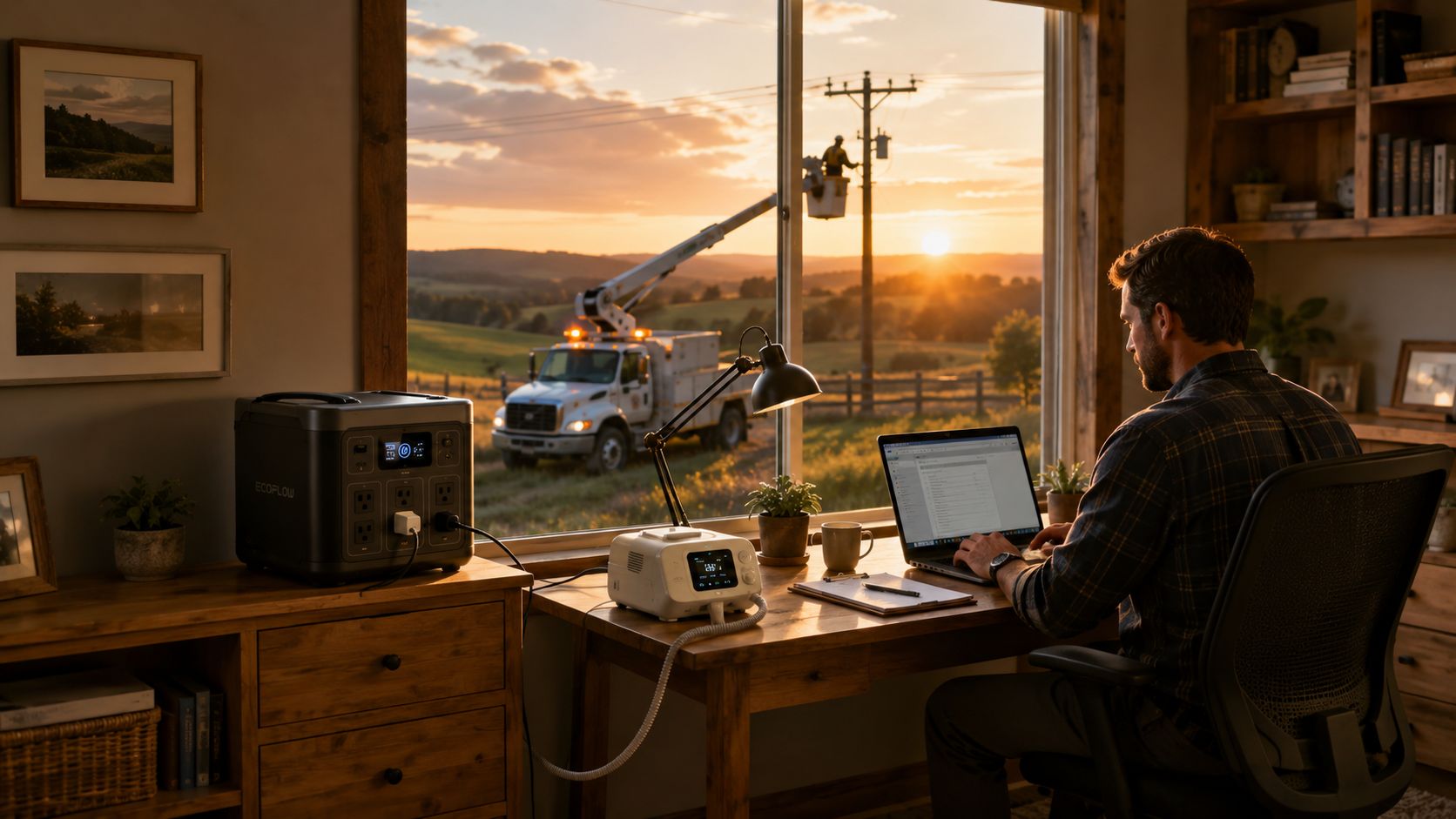 A man working on his laptop while powered by an EcoFlow portable power station during a blackout.