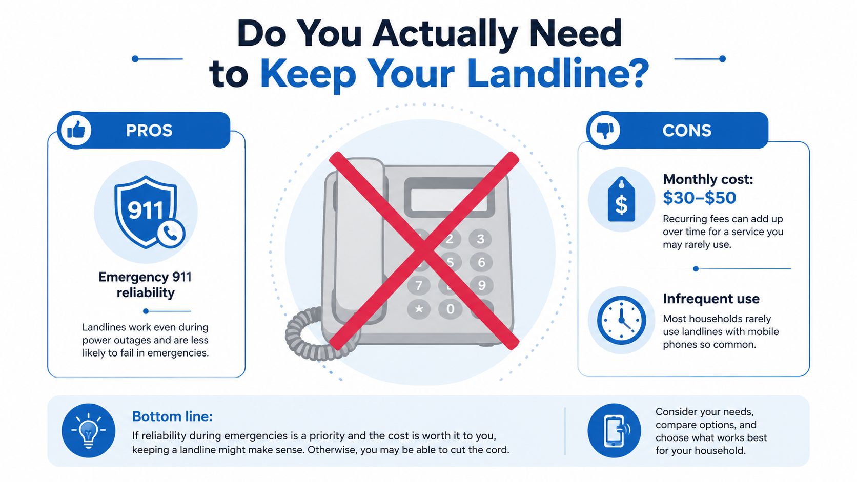 An infographic titled Do You Actually Need to Keep Your Landline comparing the pros and cons.