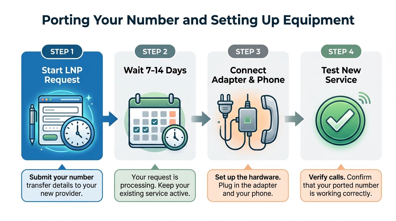 A four-step infographic illustrating the process of porting a telephone number when switching to a VoIP service provider.