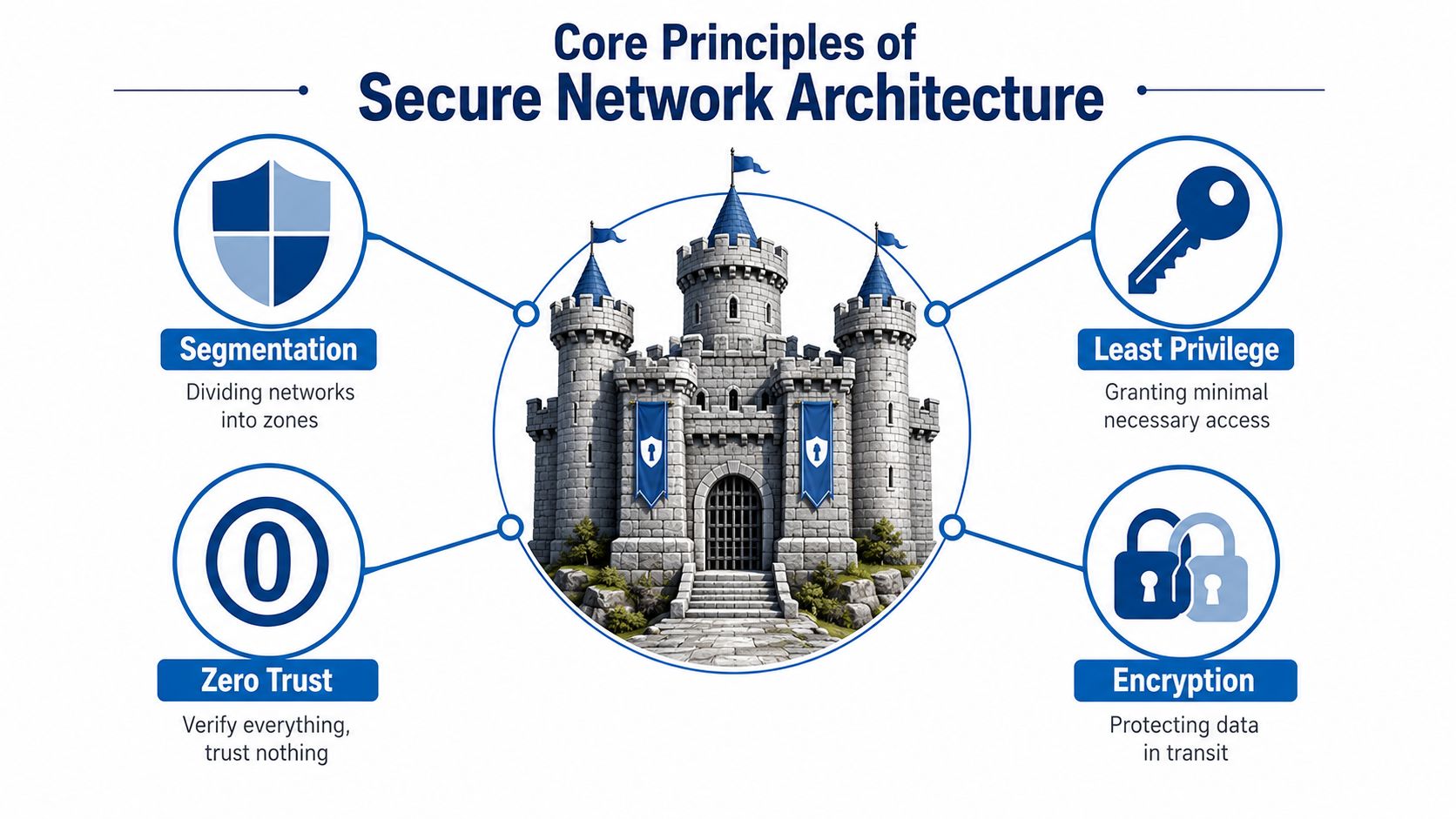 A diagram illustrating four core principles of secure network architecture: segmentation, zero trust, least privilege, and encryption.