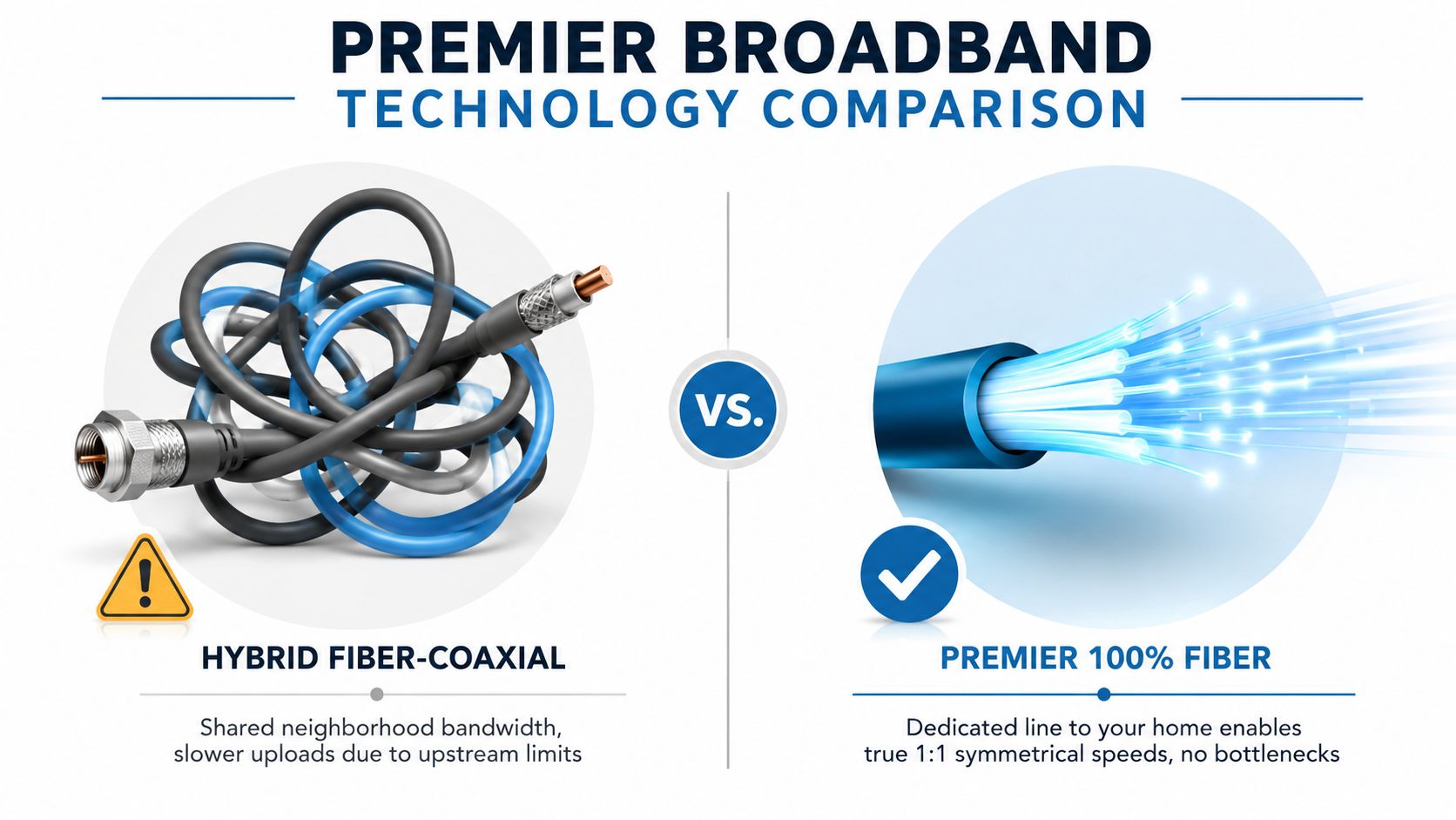 A comparative graphic showing the performance differences between hybrid fiber-coaxial cables and dedicated 100% fiber optic broadband technology.