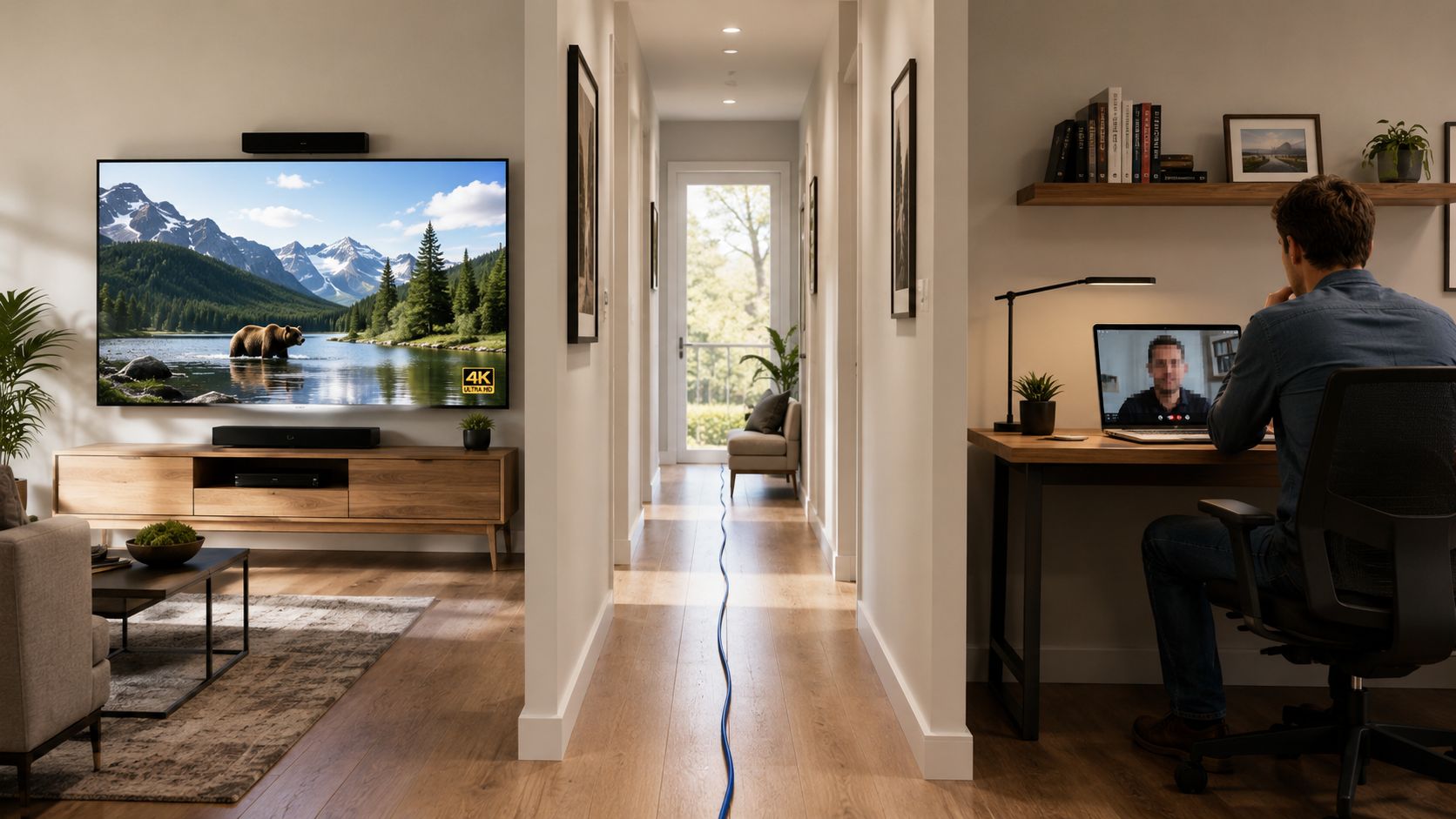 A split-view interior showing a living room with a 4K TV and a modern home office workspace.