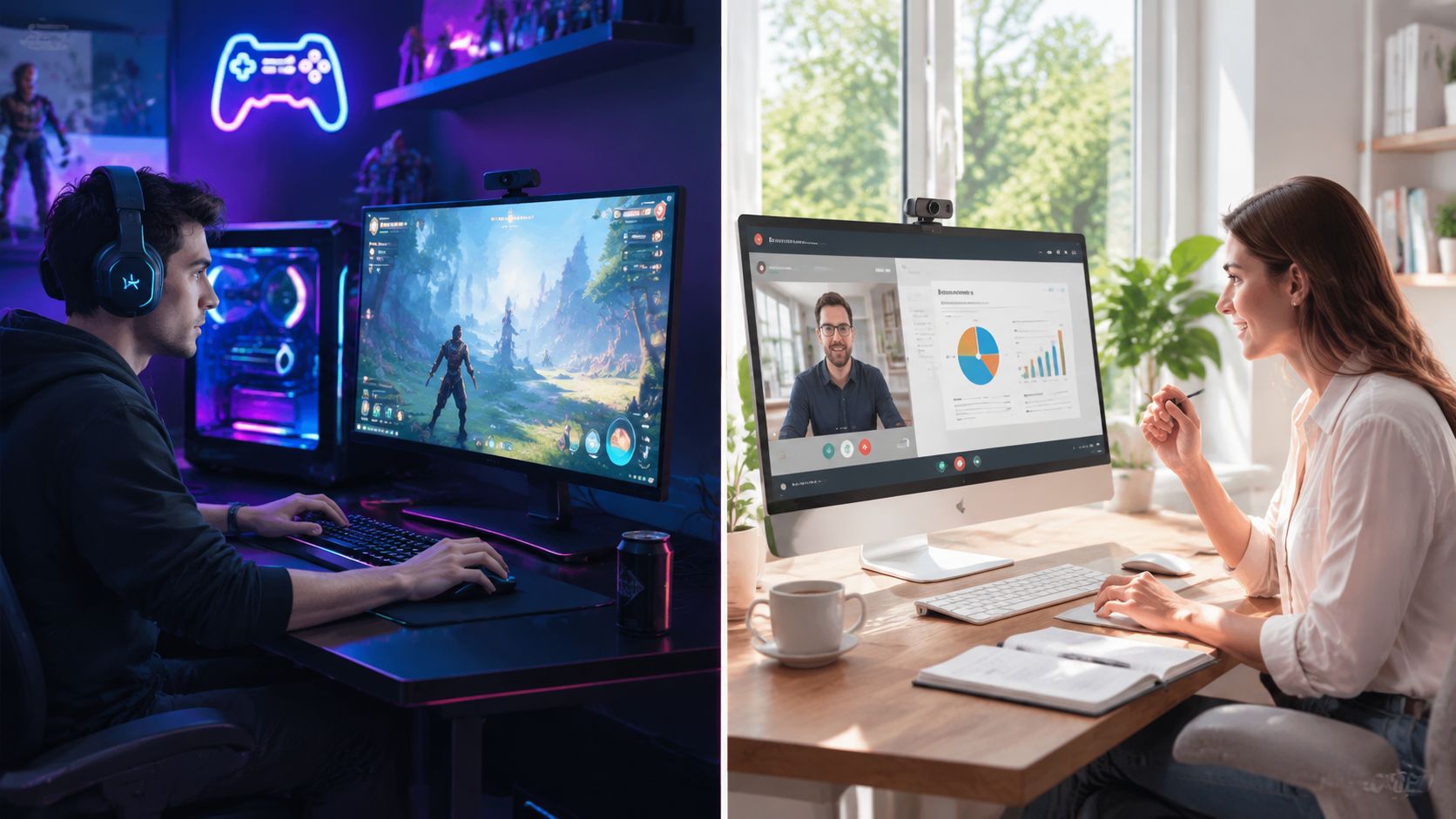 A split screen comparing a gamer at a neon-lit PC desk and a woman working remotely.