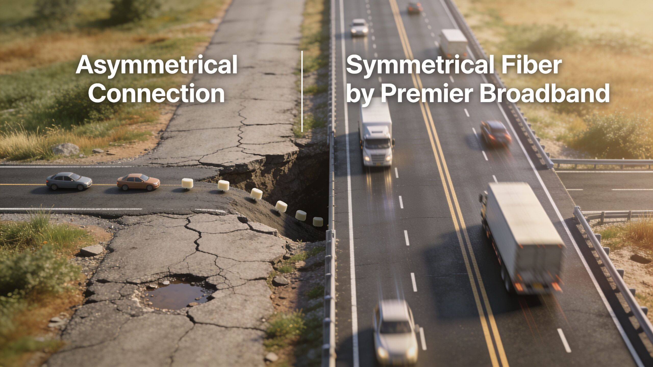 A visual comparison between a damaged, asymmetrical road and a smooth, modern symmetrical highway representing fiber internet connectivity.