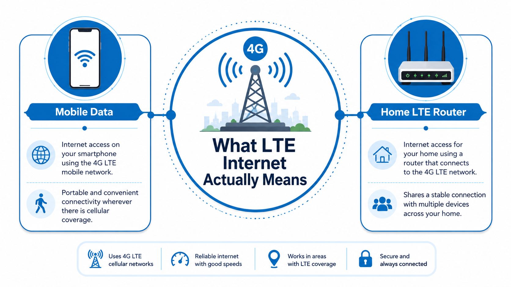 An infographic explaining LTE internet through mobile data on smartphones and dedicated home LTE routers.