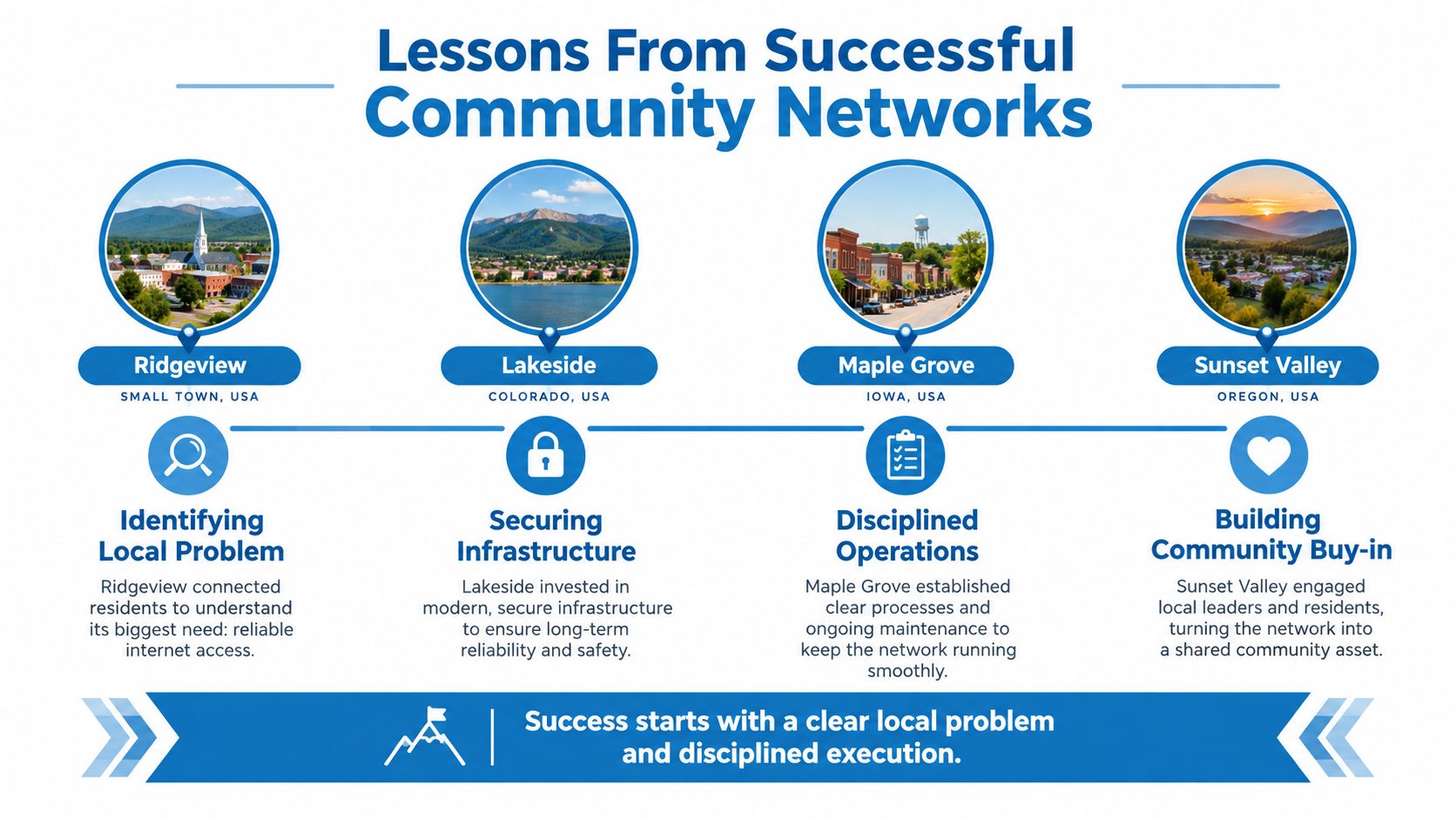 An infographic illustrating four successful community fiber network case studies from various towns in the United States.
