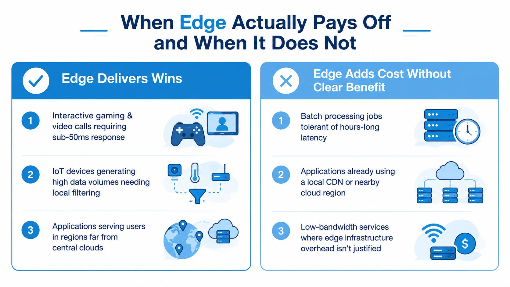 A comparison chart showing scenarios where edge computing provides benefits versus when it adds unnecessary costs.