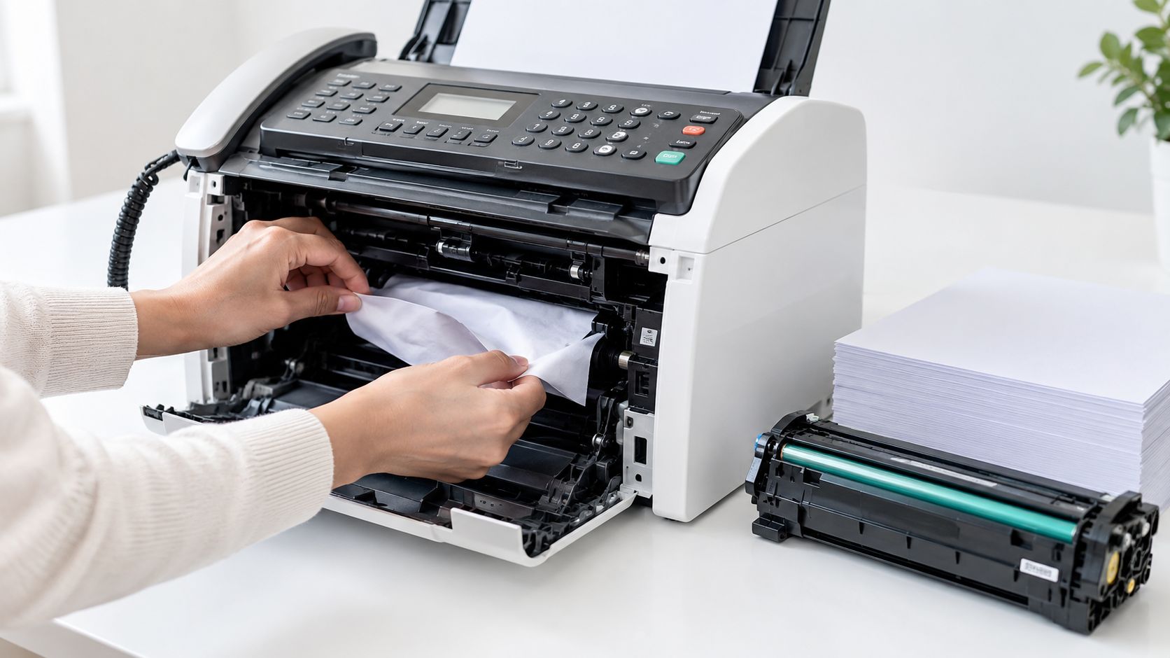 A person clearing a paper jam from inside a home office fax machine on a desk.