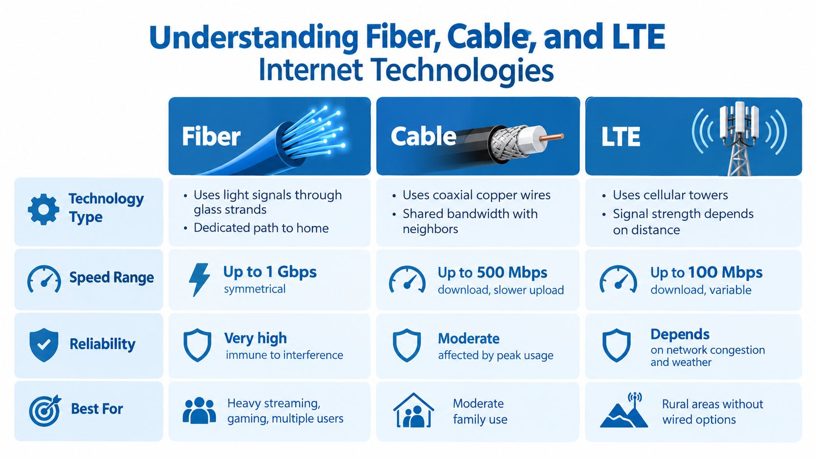A comparison chart explaining the differences between fiber optic, cable, and LTE internet technology services.