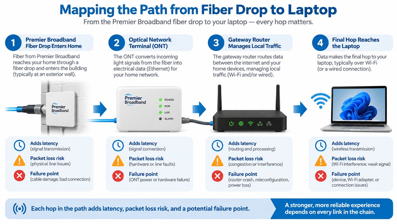 A diagram illustrating the four-step data path from a fiber drop to a home laptop.